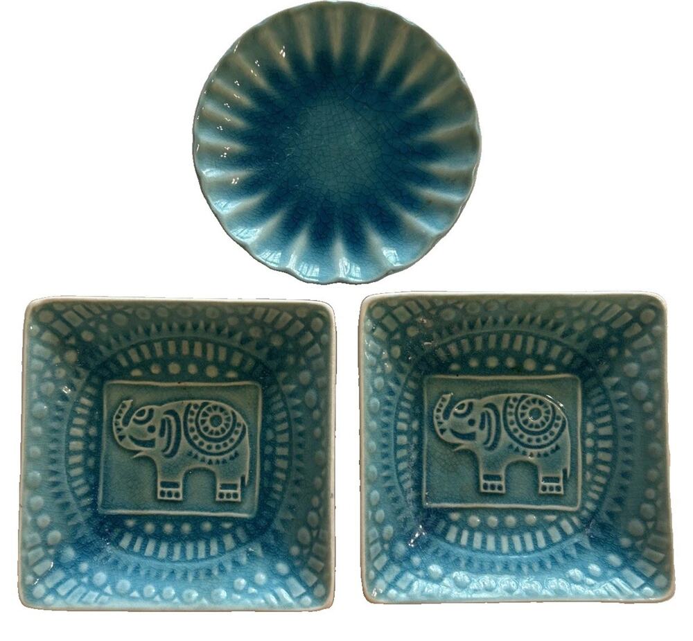 ROSCHER Set 3 Morrocan Elephant Medallion Stoneware Teal Crackle Glaze 6” Plates